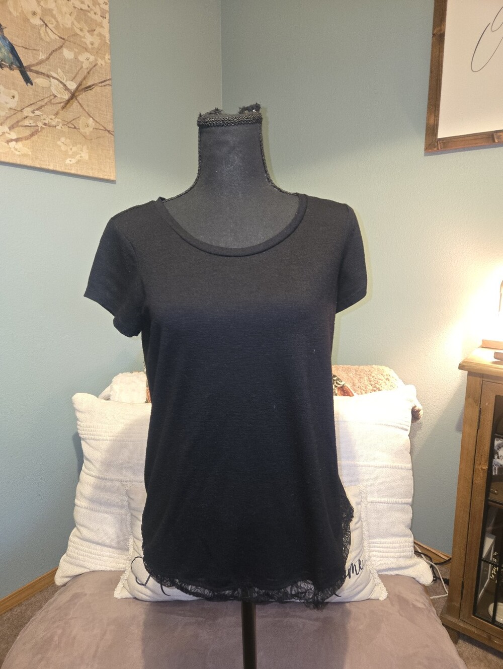 LC Lauren Conrad Black Short Sleeve Top with Lace Trim